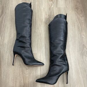 Black Croc-Embossed Knee-High Stiletto Boots